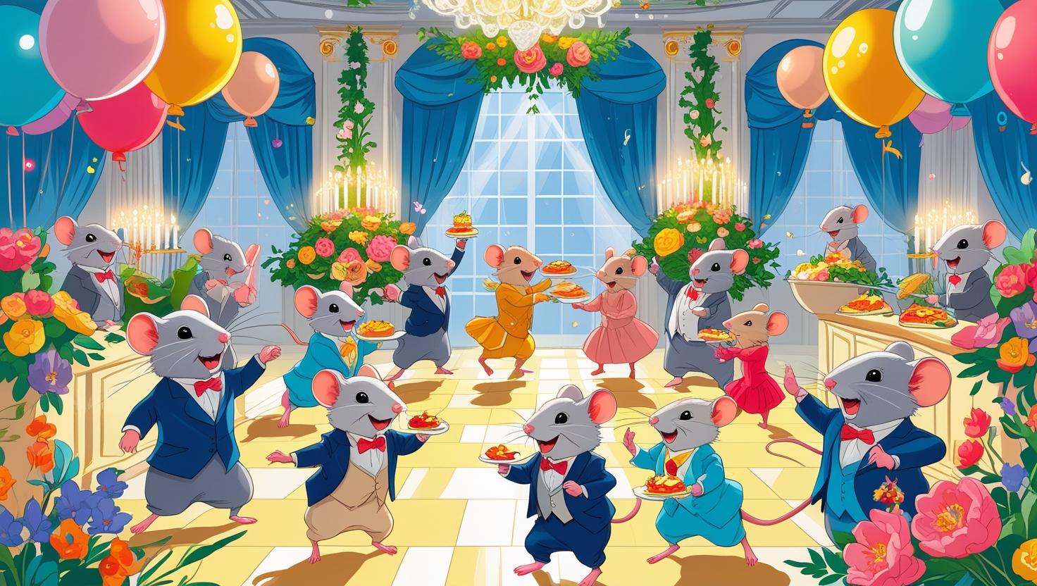 Animales de diferentes especies bailando alegremente en una fiesta subterránea mientras Kira canta en el escenario, con mesas llenas de comida