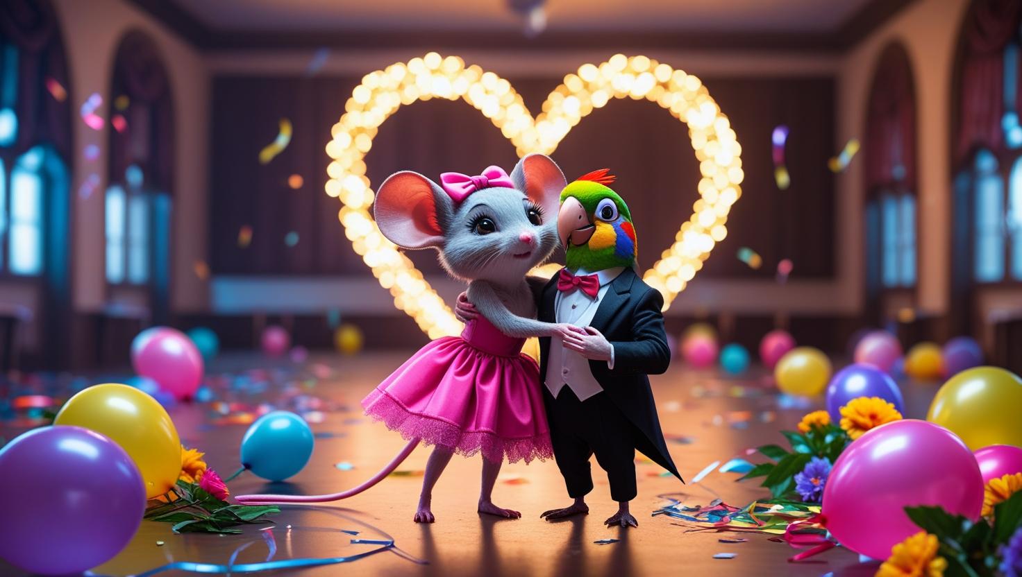 Kira y Periquito abrazándose con alegría en un salón de fiesta con luces tenues después de la celebración