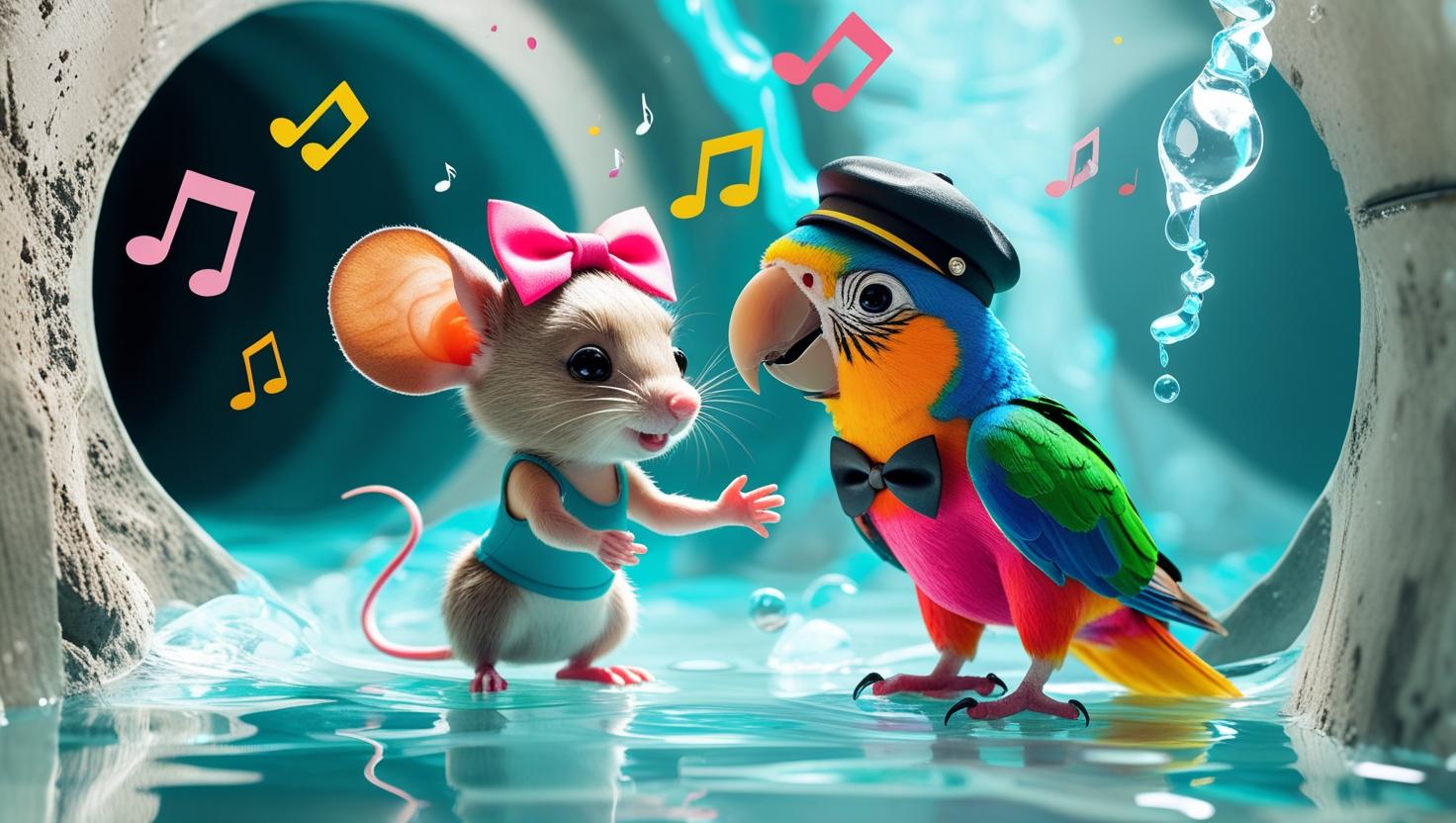 Kira cantando y Periquito organizando un escenario, ambos soñando con un espectáculo