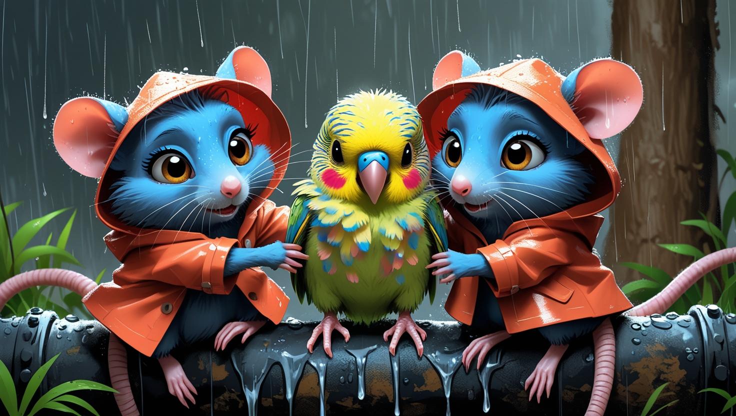 Un pequeño Periquito temblando bajo la lluvia, siendo encontrado por ratas amables